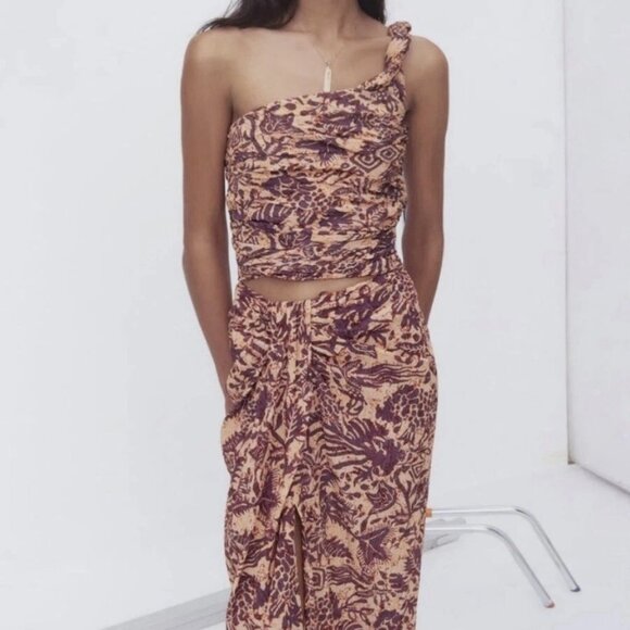ZARA Printed Two-Piece Set – Boho Purple & Tan Crop Top + Midi Skirt | Size XS - Picture 1 of 8